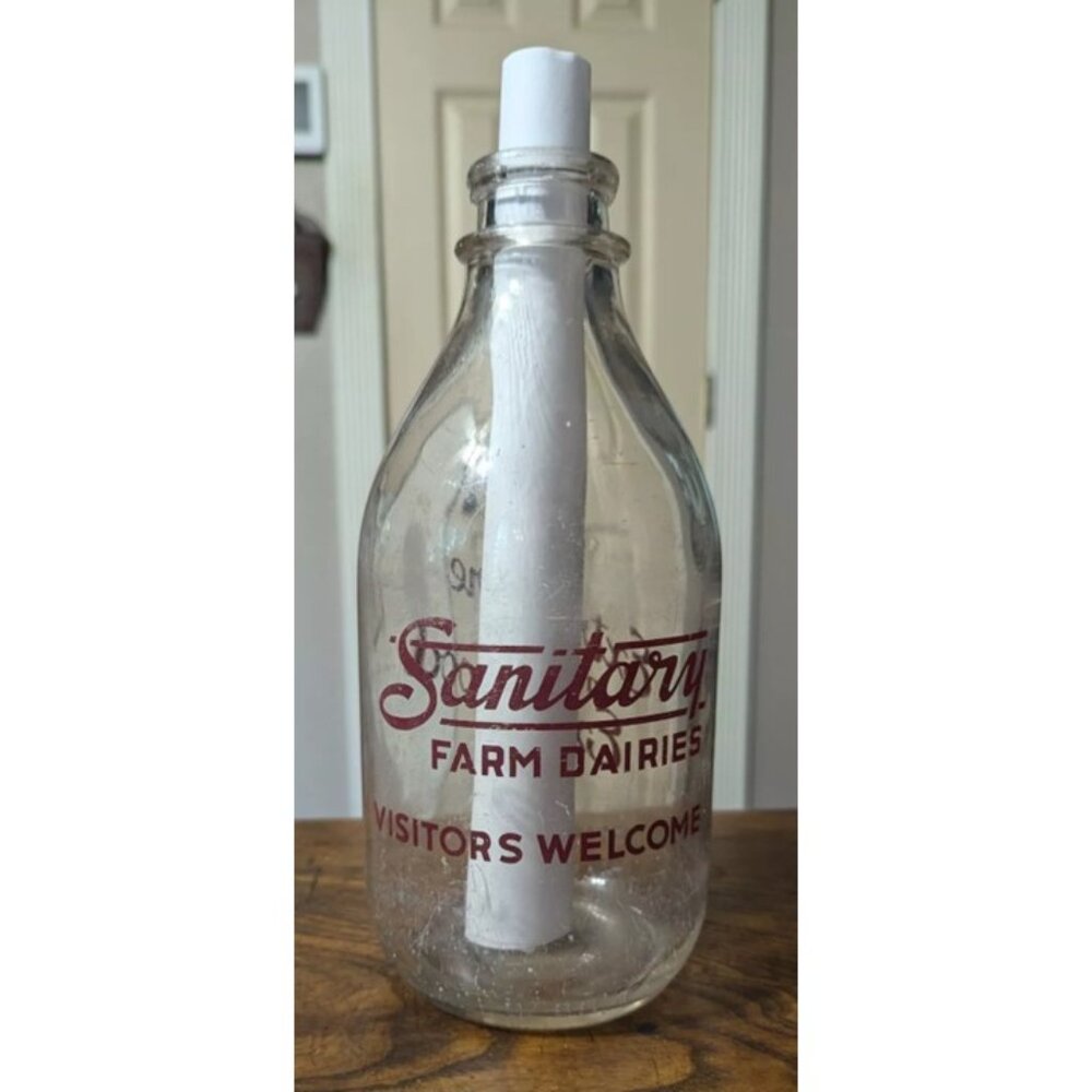 RARE Vintage Sanitary Farm Dairies Round Half Gallon Milk Bottle Extra Care